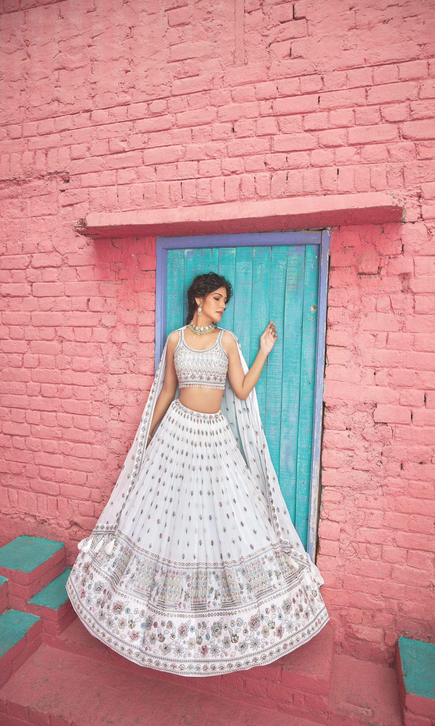 White sequins floral embroidery 3-piece Lehenga choli