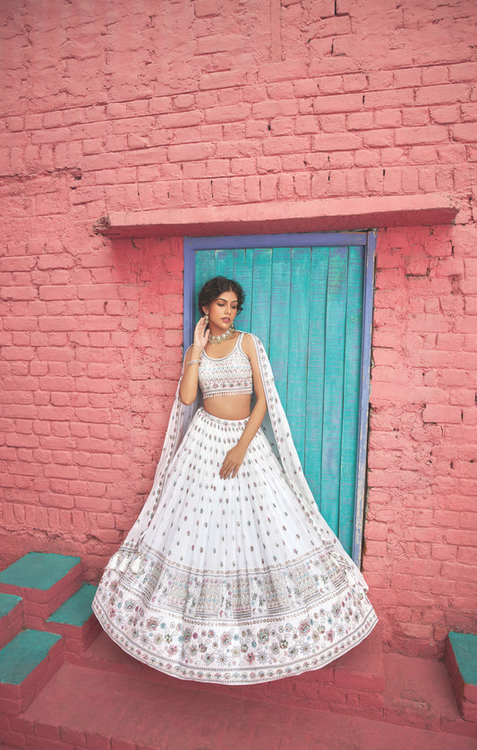 White sequins floral embroidery 3-piece Lehenga choli