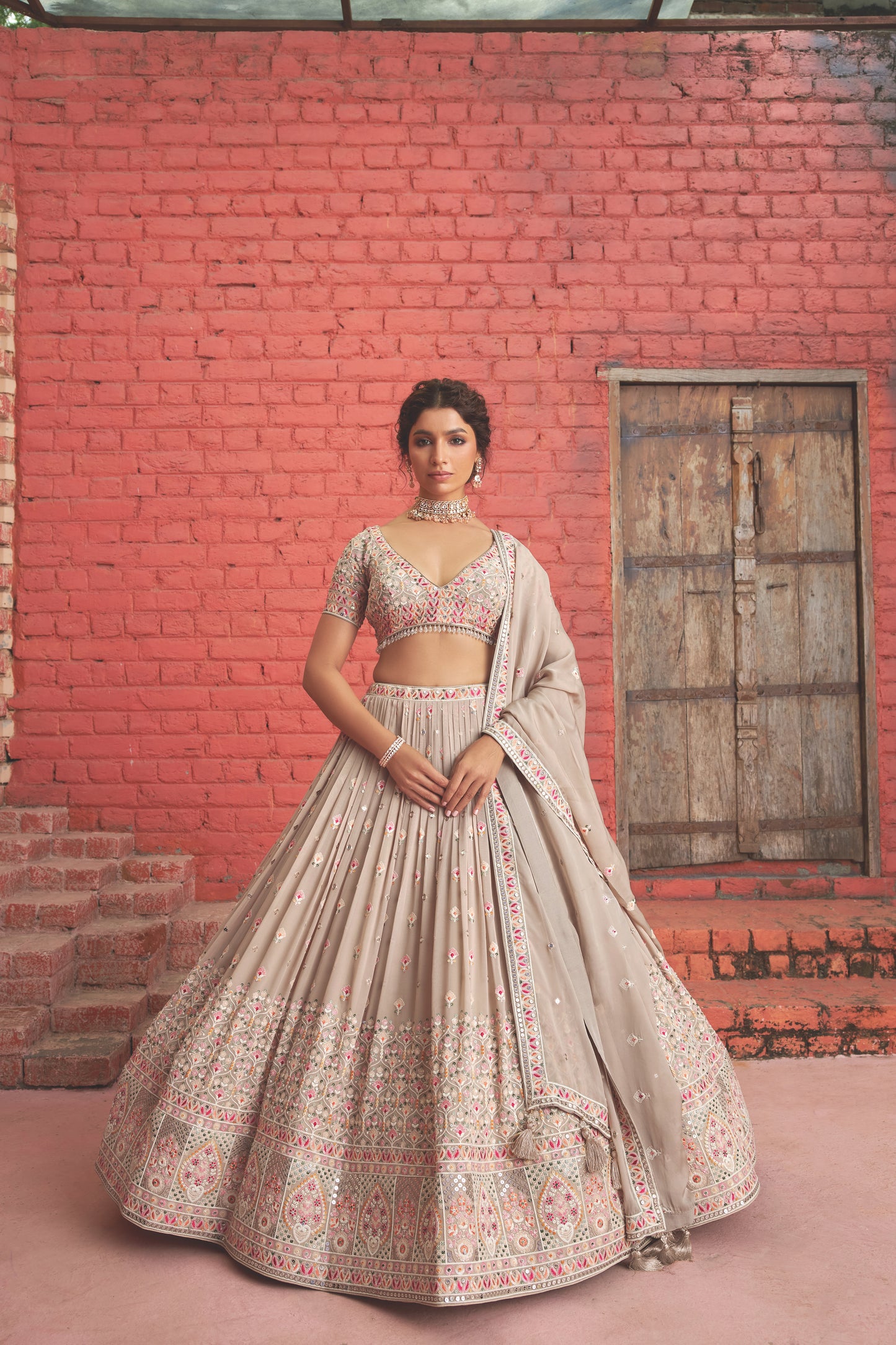 Beige Sequins Georgette 3-piece Lehenga Choli