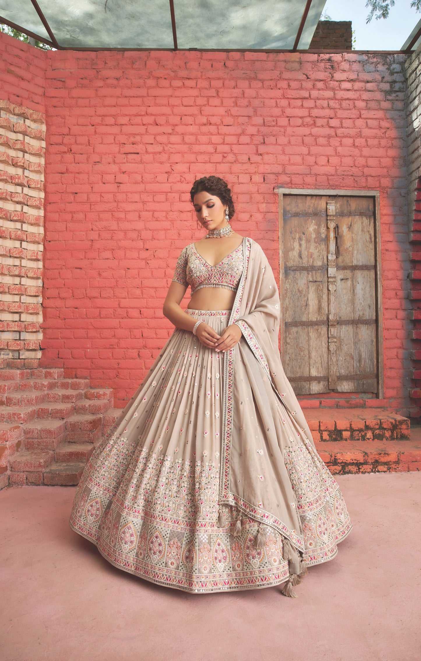 Beige Sequins Georgette 3-piece Lehenga Choli