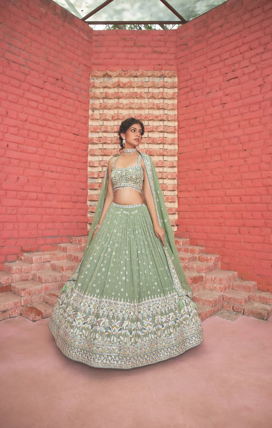 Sage green sequins georgette 3-piece Lehenga Choli