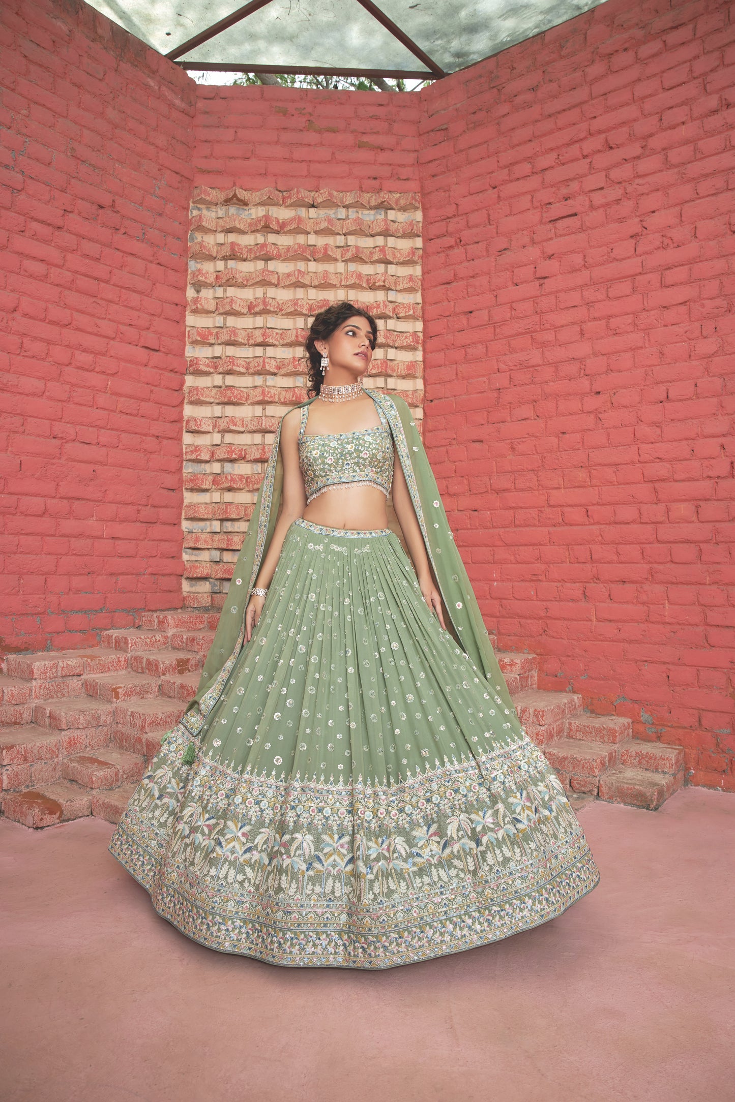 Sage green sequins georgette 3-piece Lehenga Choli