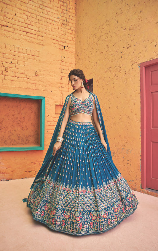 Peacock Blue Floral Embroidery Georgette 3-piece Lehenga Choli