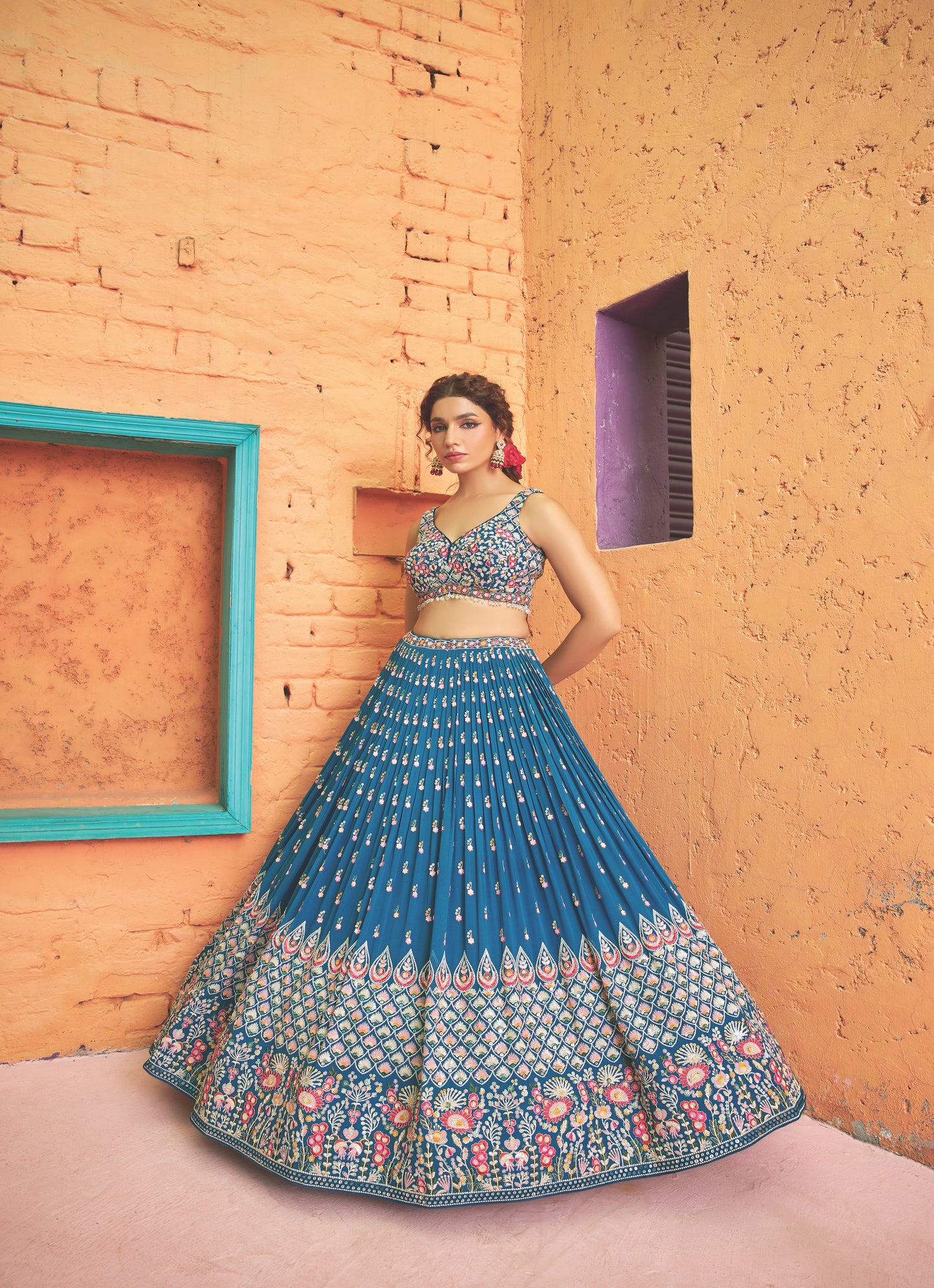 Peacock Blue Floral Embroidery Georgette 3-piece Lehenga Choli