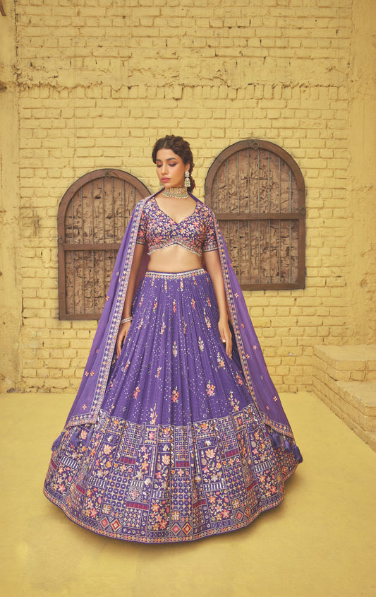 Purple Floral Embroidery Georgette 3-piece Lehenga Choli