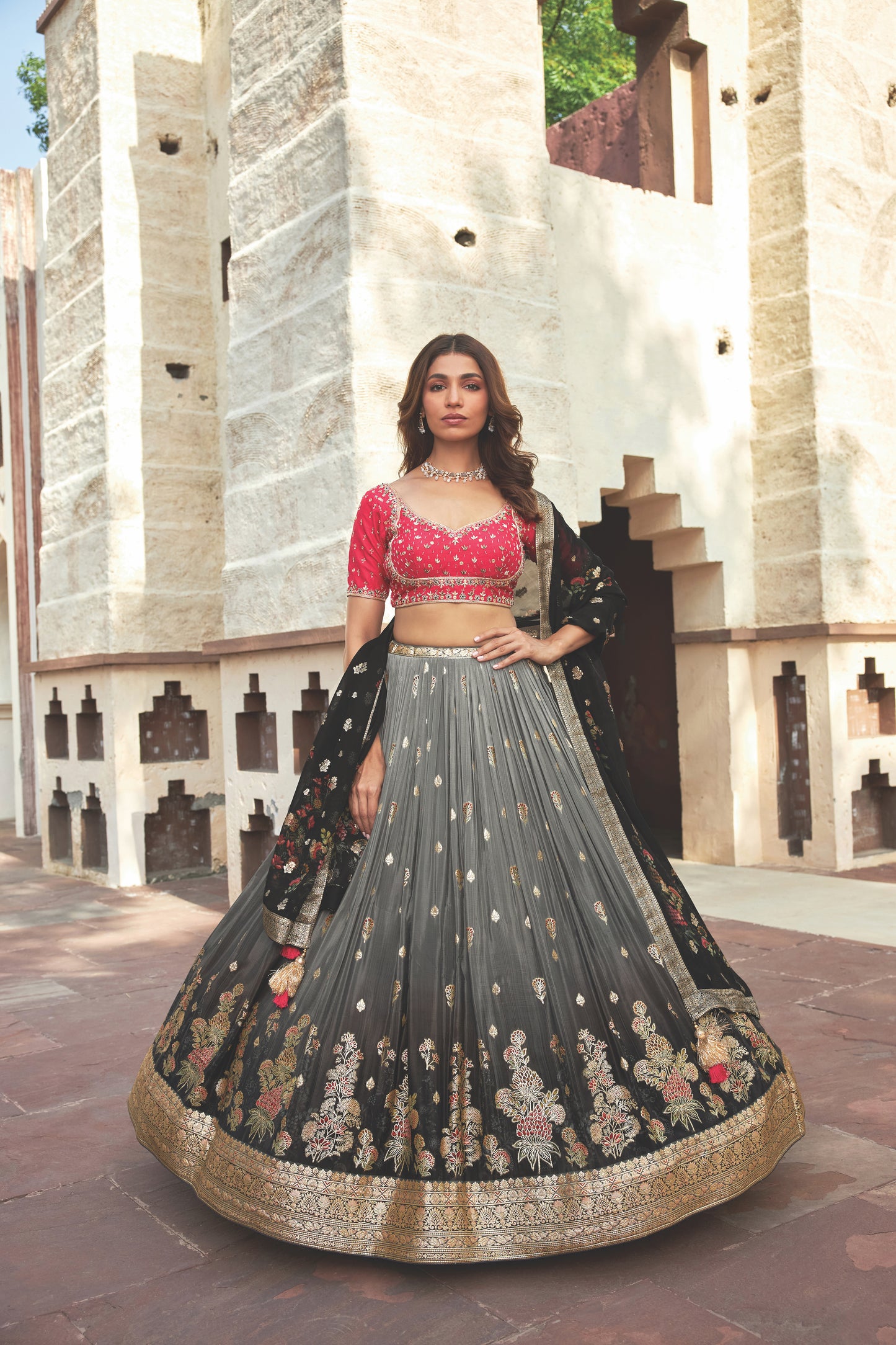 Pink and Grey foil printed 3- piece Lehenga choli