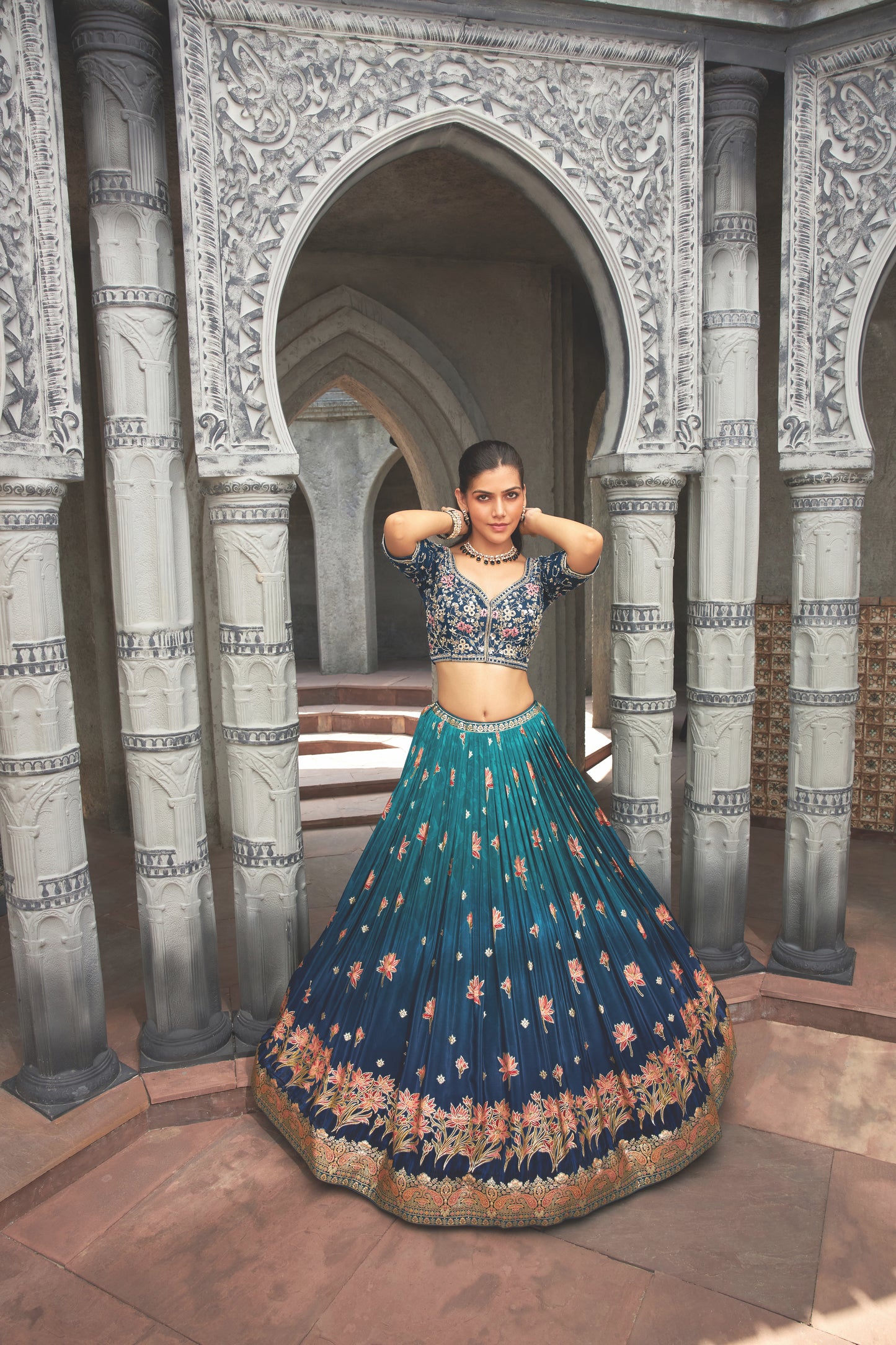 Blue foil printed Ombre effect 3-piece Lehega Choli