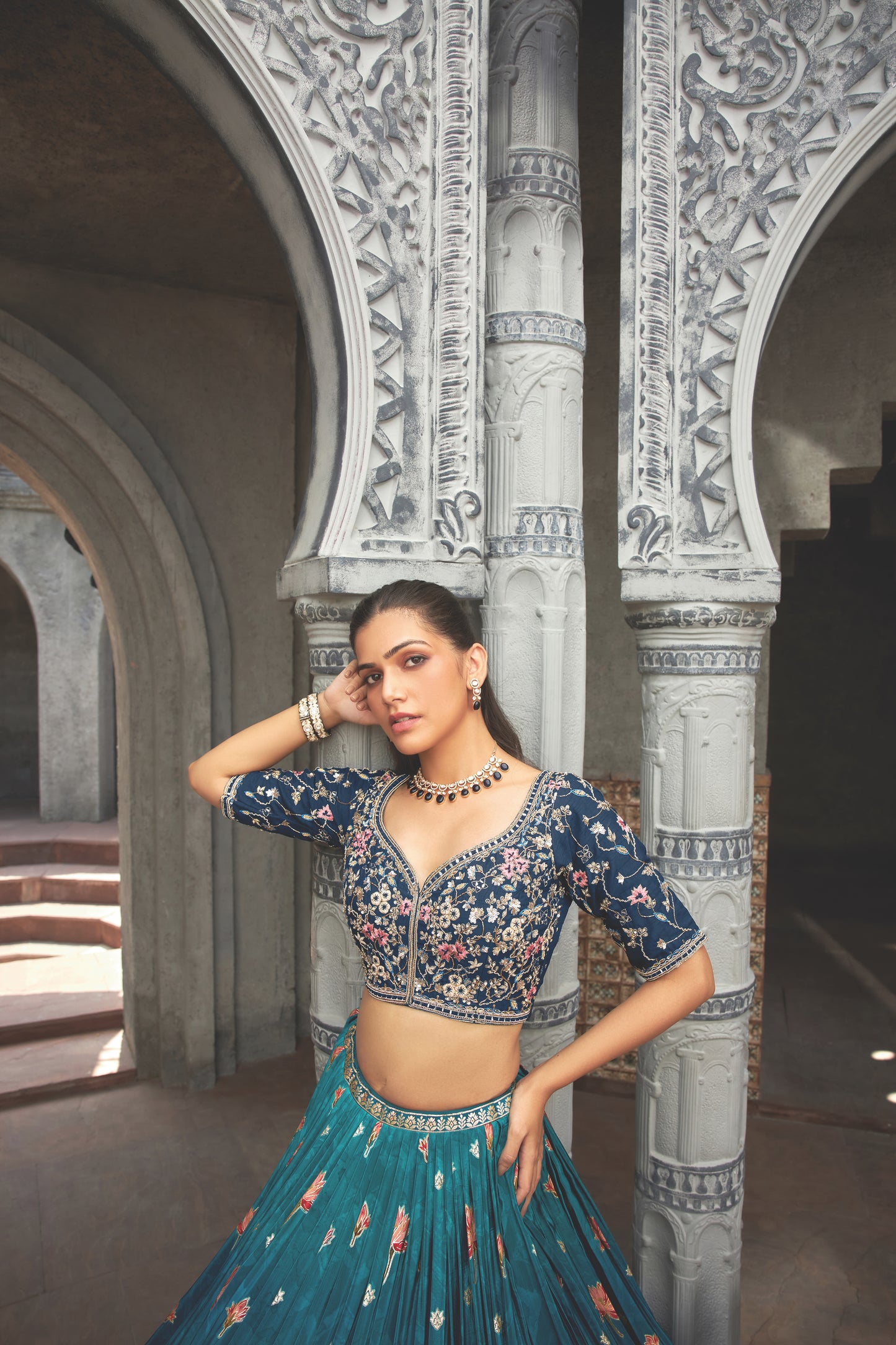 Blue foil printed Ombre effect 3-piece Lehega Choli