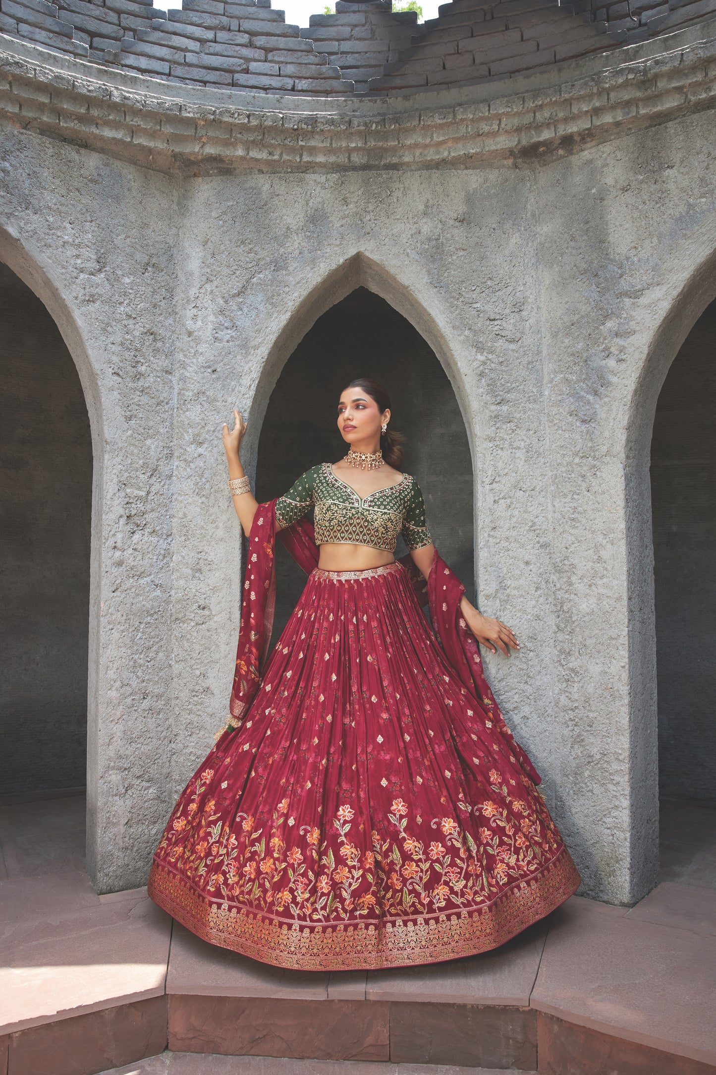 Olive green and Maroon foil printed crepe 3-piece Lehenga choli