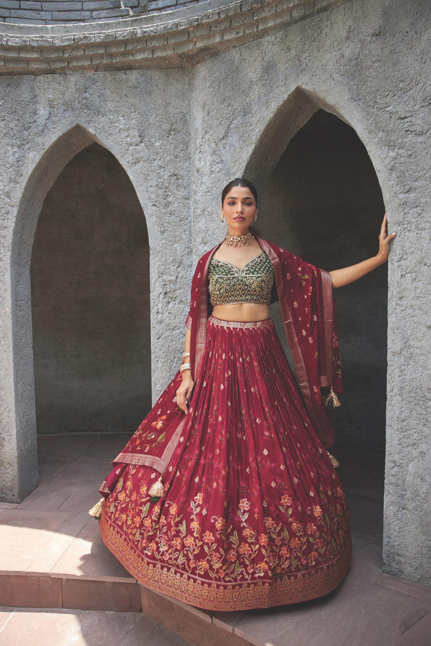 Olive green and Maroon foil printed crepe 3-piece Lehenga choli