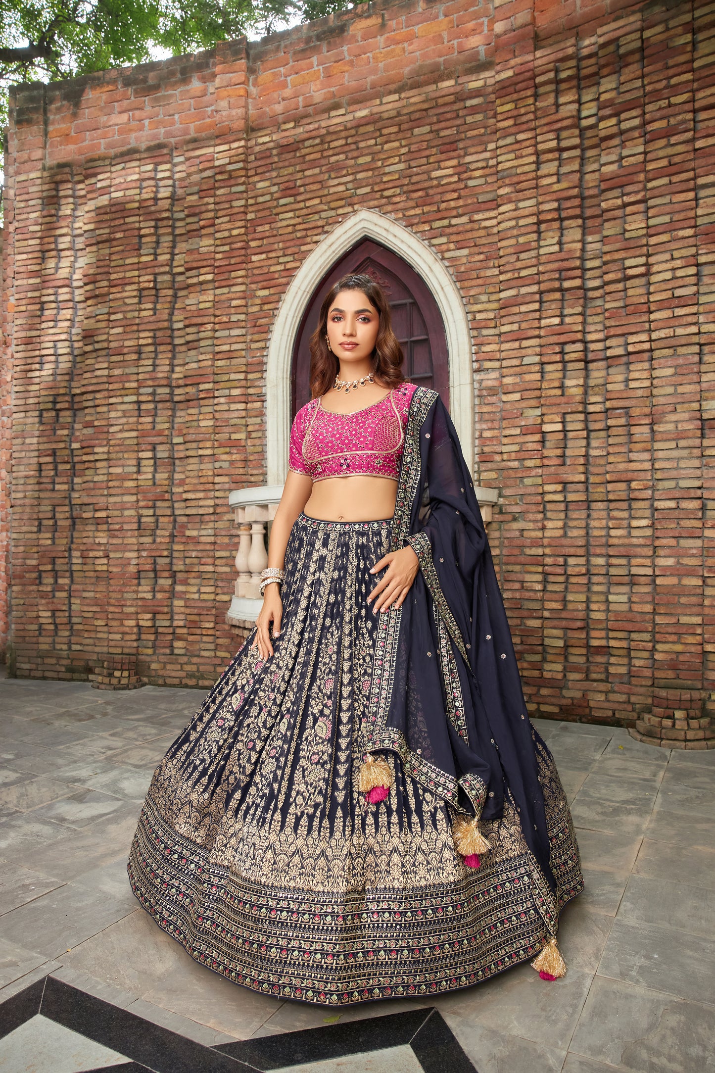 Pink and navy blue 3-piece Lehenga choli