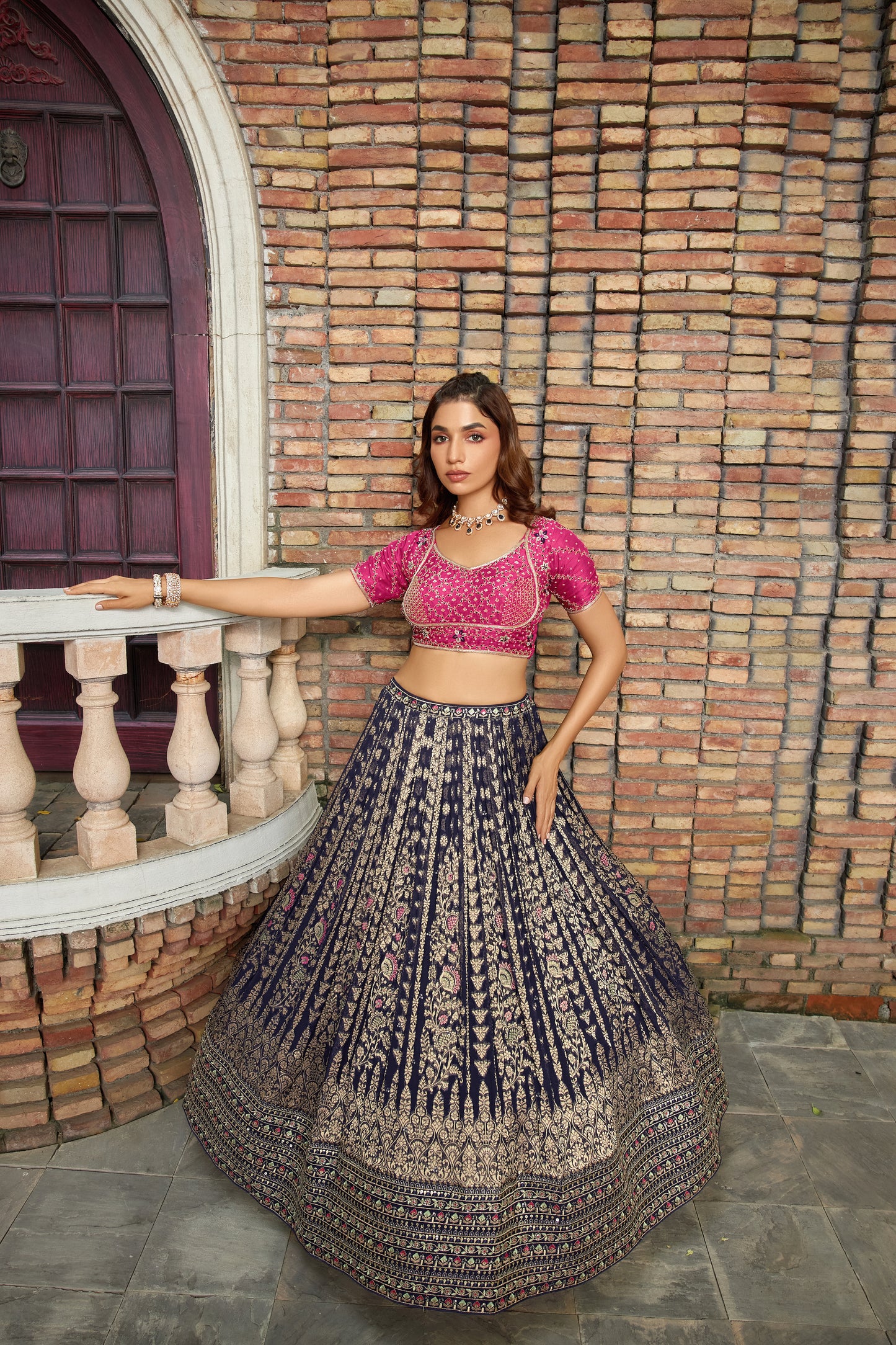 Pink and navy blue 3-piece Lehenga choli