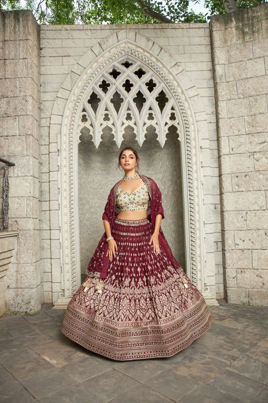 White and Maroon brocade  3-piece Lehenga choli