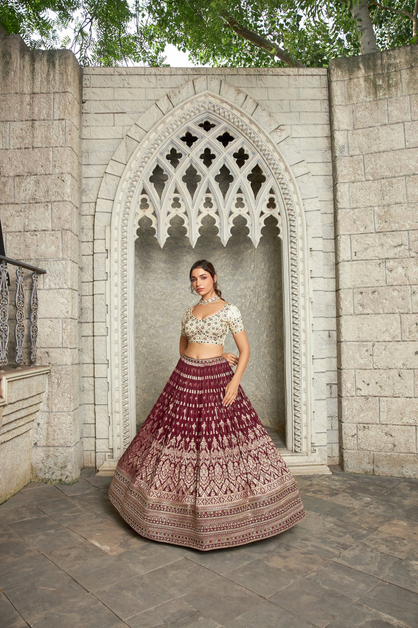 White and Maroon brocade  3-piece Lehenga choli