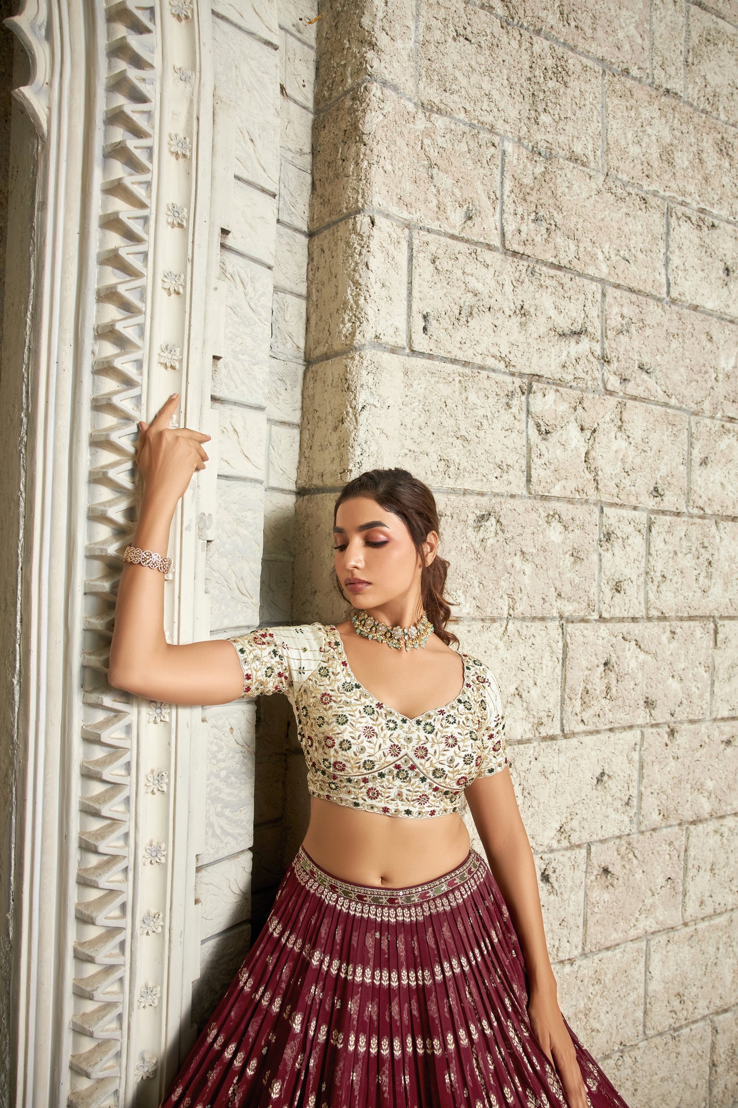 White and Maroon brocade  3-piece Lehenga choli