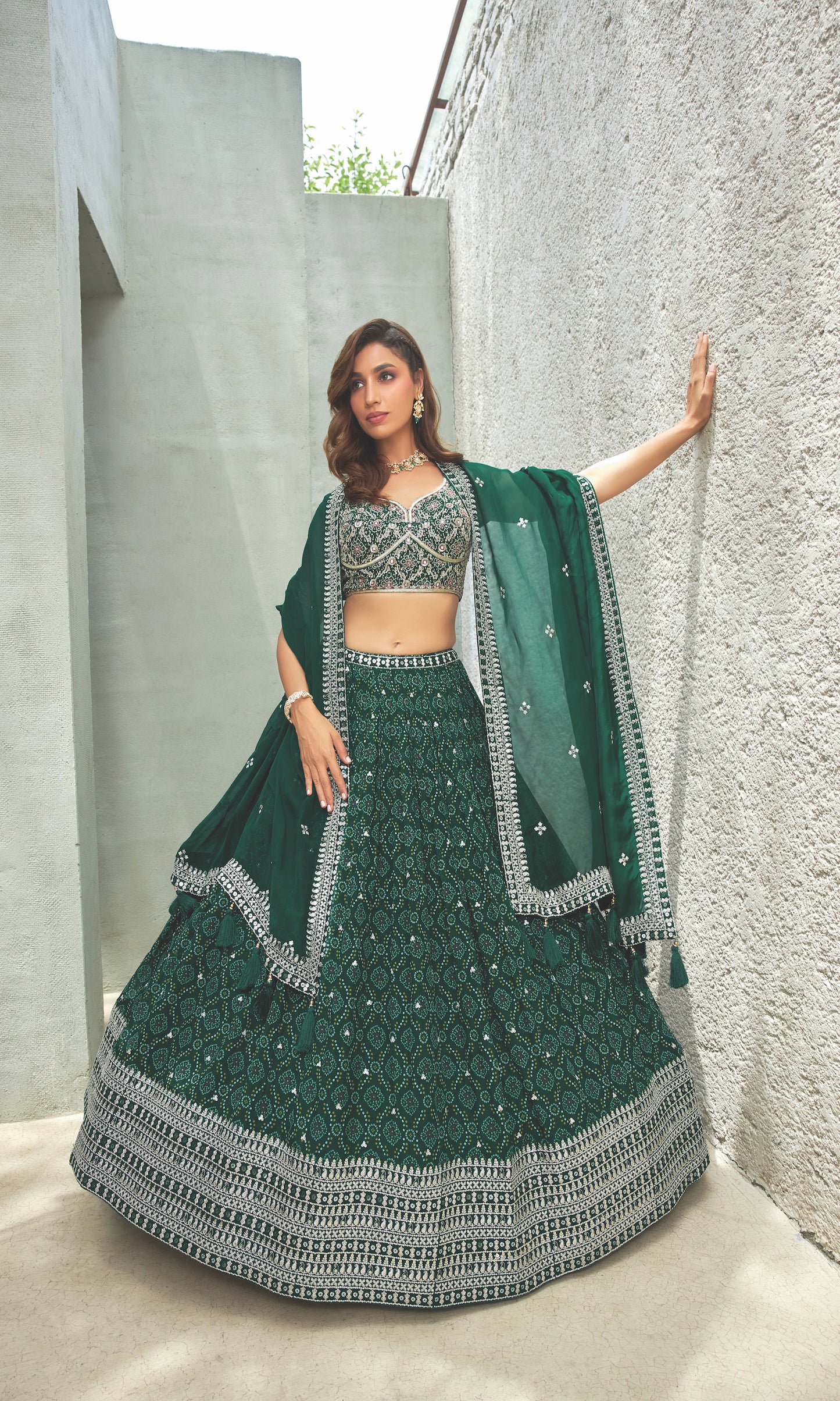 Rouhi Green Bandhani Print 3-peice Lehenga Choli