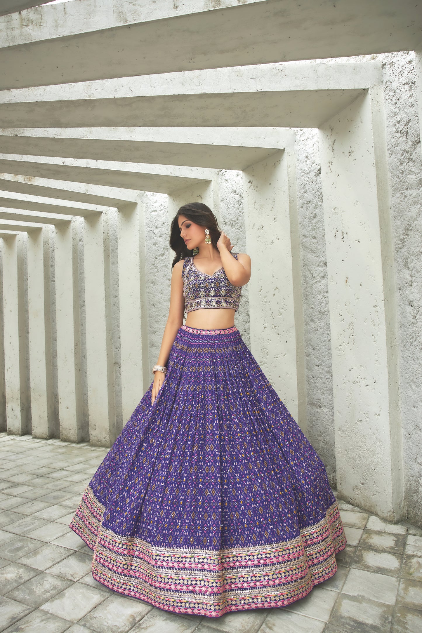 Purple digital printed 3- piece Lehenga Choli